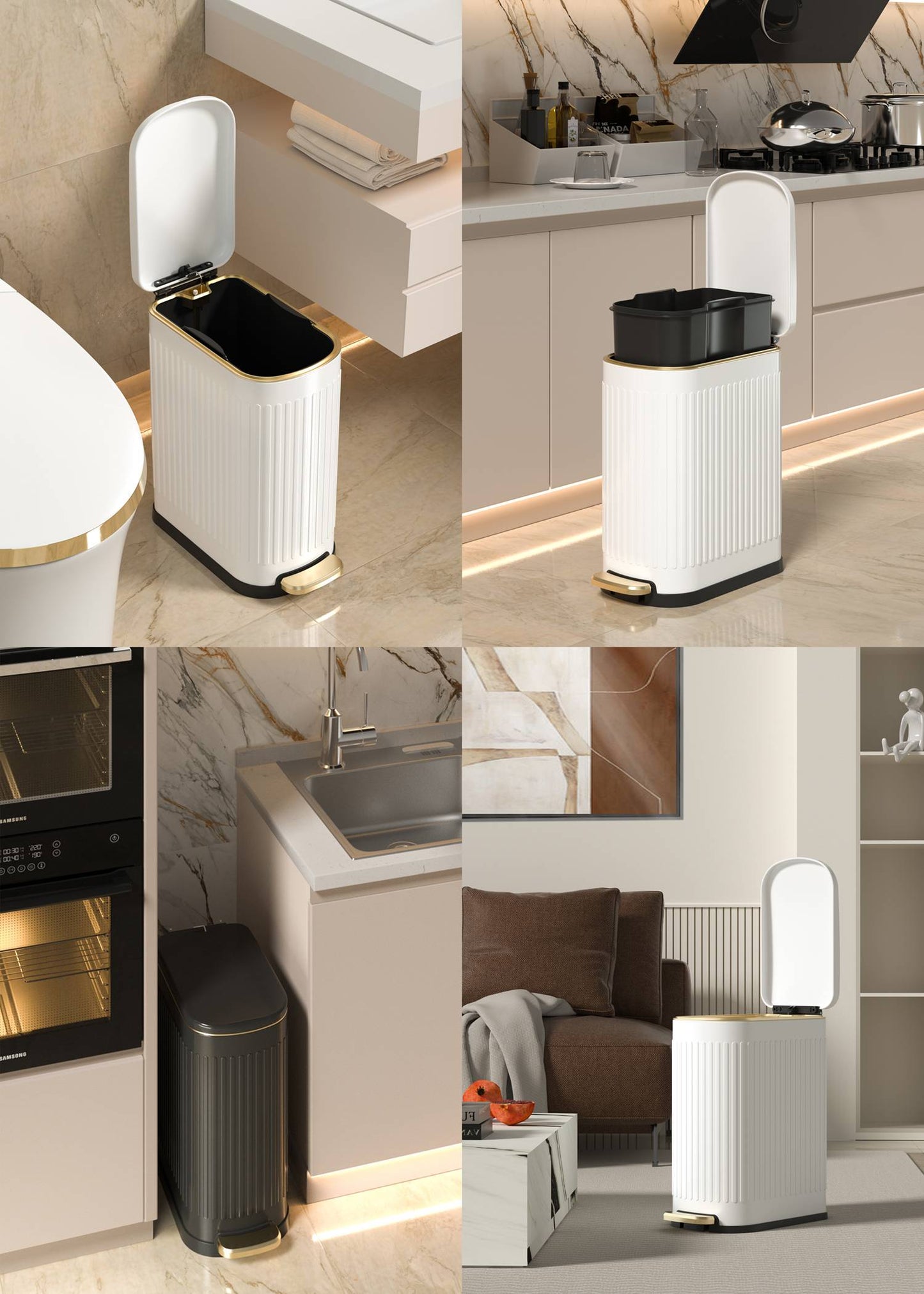 CEROELDA White Bathroom Trash Can with Lid-10L/2.6 Gallon Stainless Steel Step Slim Garbage Can-Rectangle Pedal Trash Bin for Narrow Office, Kitchen, Bedroom, Toilet-Soft Close