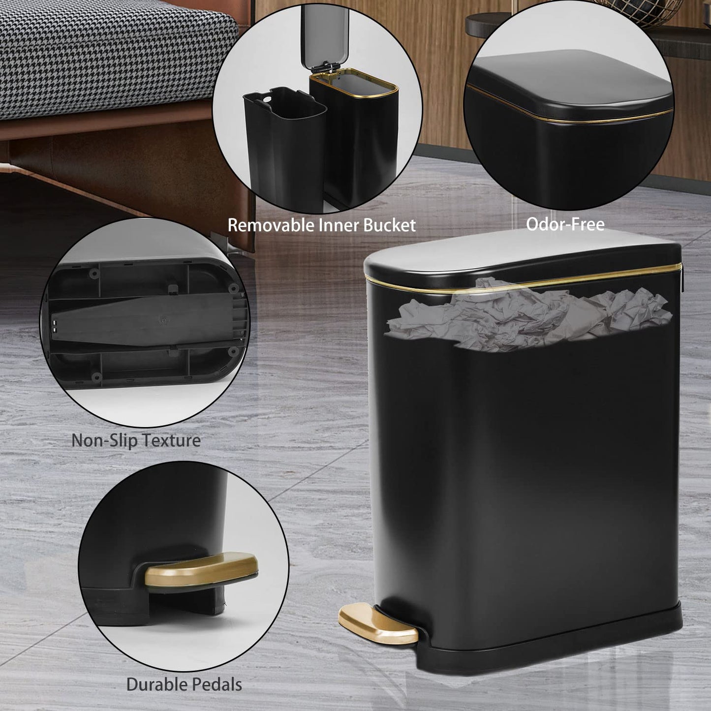 CEROELDA Black Bathroom Trash Can with Lid-10L/2.6 Gallon Stainless Steel Step Slim Garbage Can-Rectangle Pedal Trash Bin for Narrow Office, Kitchen, Bedroom, Toilet-Soft Close