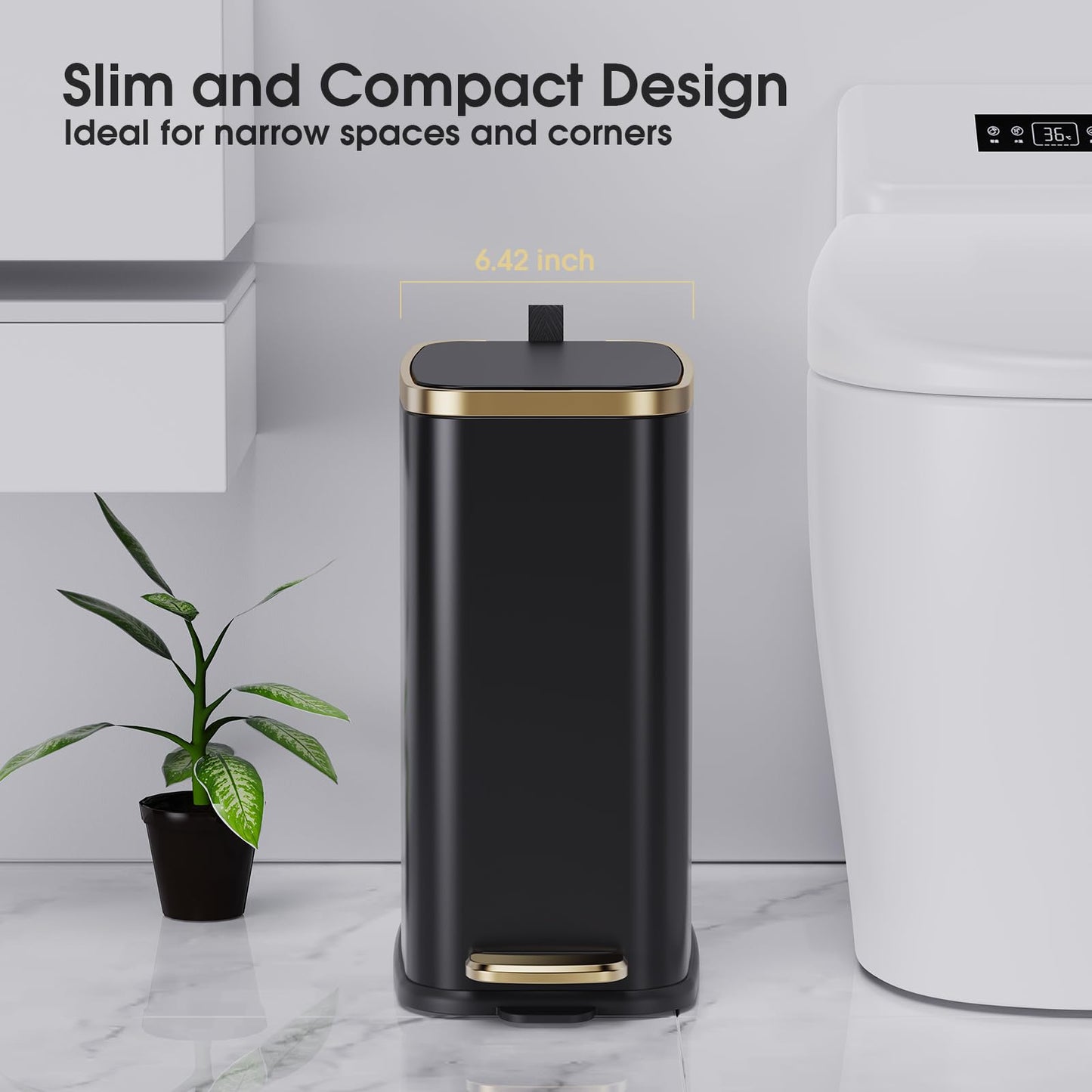 CEROELDA Small Bathroom Trash Can with Lid Soft Close-5L/1.3 Gal Slim Garbage Can-Metal Step Wastebasket-Rectangle Narrow Waste Bin for Office, Bedroom, Toilet, Live Room-Black