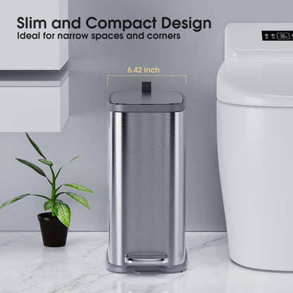 CEROELDA Small Bathroom Trash Can with Lid Soft Close-5L/1.3 Gal Slim Garbage Can-Metal Step Wastebasket-Rectangle Narrow Waste Bin for Office, Bedroom, Toilet, Live Room-Silver