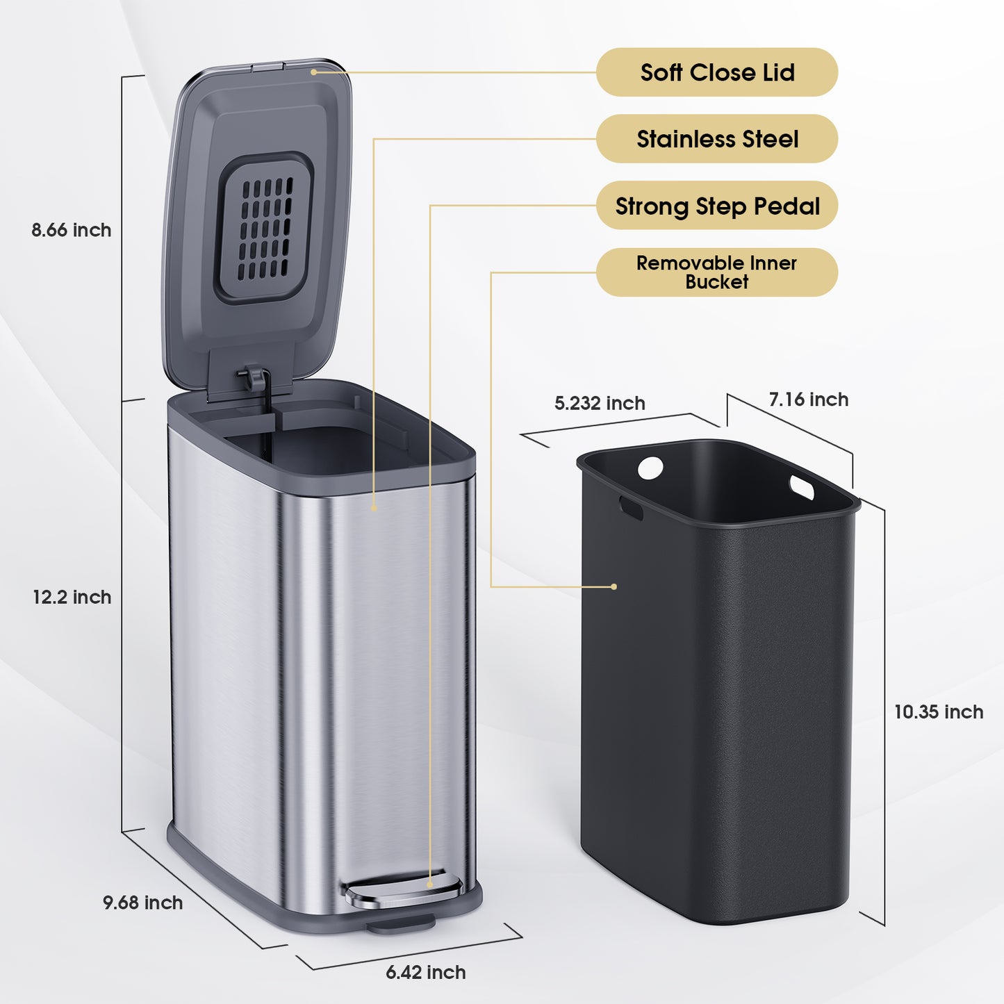 CEROELDA Small Bathroom Trash Can with Lid Soft Close-5L/1.3 Gal Slim Garbage Can-Metal Step Wastebasket-Rectangle Narrow Waste Bin for Office, Bedroom, Toilet, Live Room-Silver