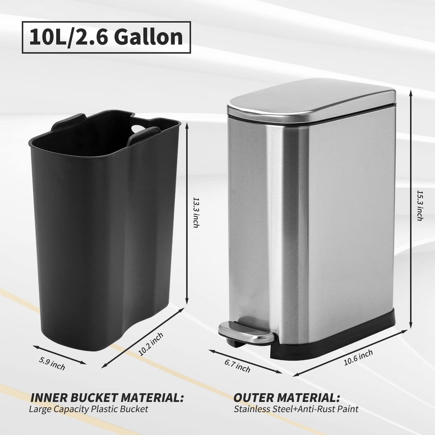 CEROELDA Silver Bathroom Trash Can with Lid-10L/2.6 Gallon Stainless Steel Step Slim Garbage Can-Rectangle Pedal Trash Bin for Narrow Office, Kitchen, Bedroom, Toilet-Soft Close